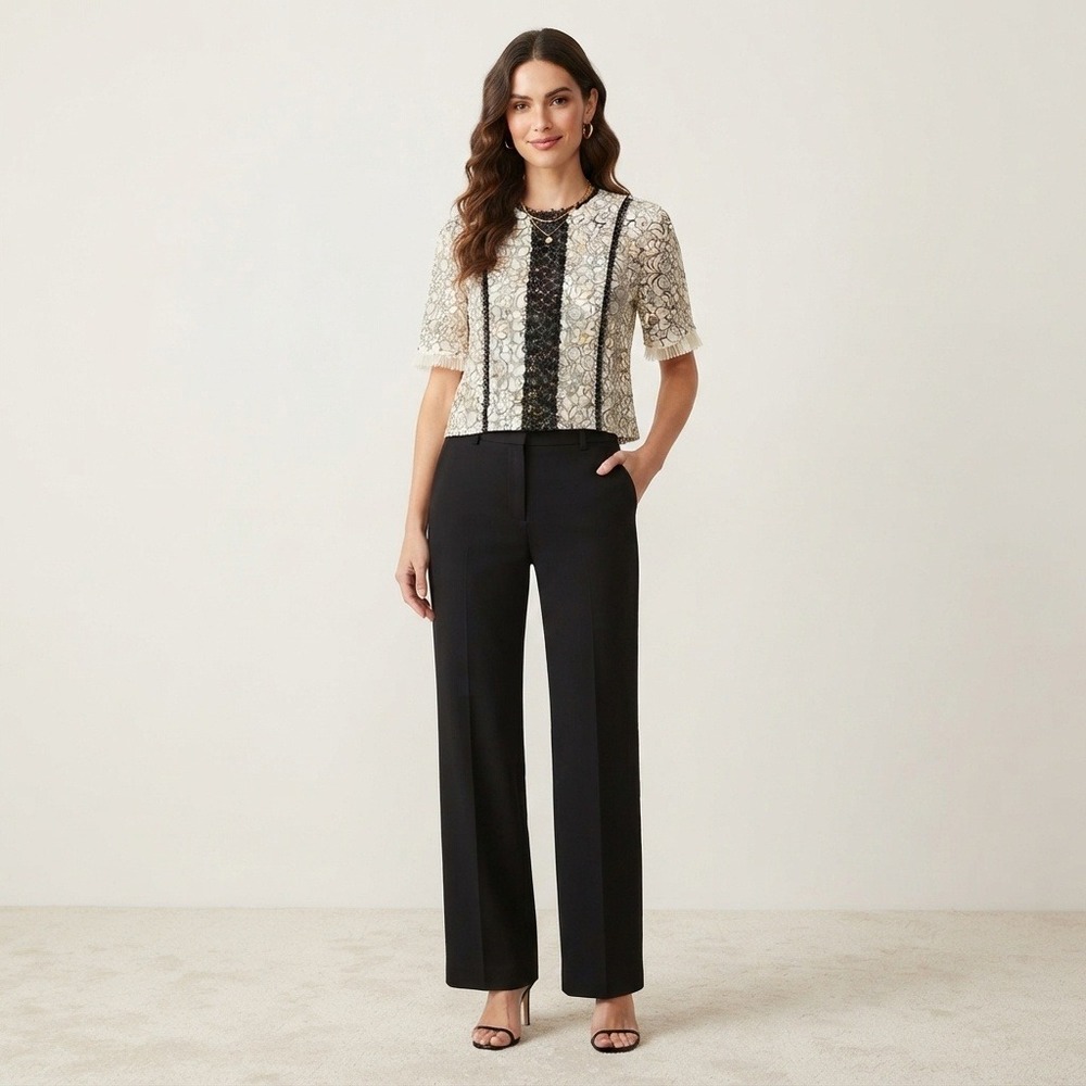 Nanette Lepore Floral Lace Crop Top Blouse Cream Black Large
